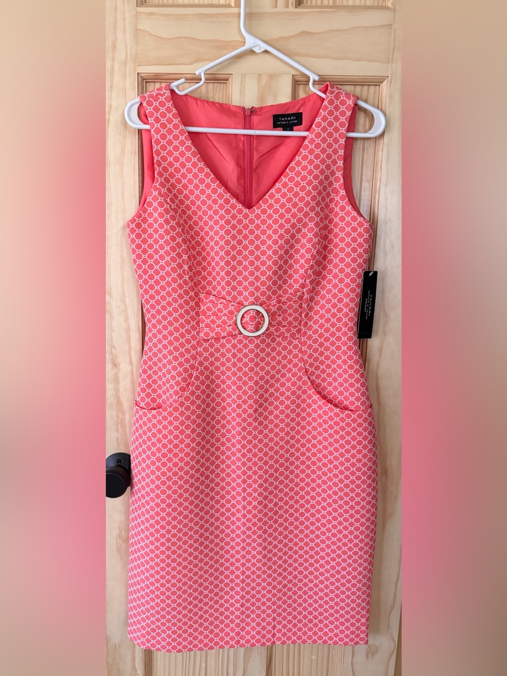 Tahari ASL Coral Printed Sheath Dress with Decorative Belt